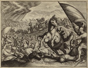 Israeliter som besegrade den amoritiska armén efter att Josua befallde solen och månen att stå stilla (gravyr) av European School