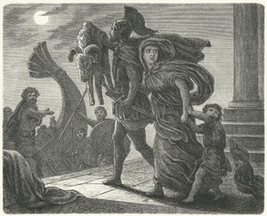 Jason flyr från Colchis med Medea och det gyllene skinnet på Argo (gravyr) av European School