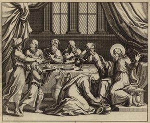 Jesus Kristus smord av en syndfull kvinna i farisén Simons hus (gravyr) av European School