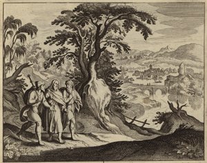 Jesus Kristus visar sig för två lärjungar på vägen till Emmaus (gravyr) av European School