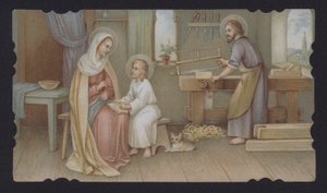 Jesus Kristus som pojke med sin mor, Maria, i Josefs snickeri (chromolitho) av European School