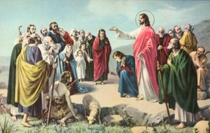 Jesus Kristus håller bergspredikan (färglitografi) av European School