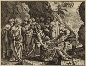 Jesus Kristus uppväcker Lasarus från de döda (gravyr) av European School