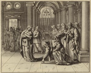Jesus och kvinnan fångade i äktenskapsbrott (gravyr) av European School