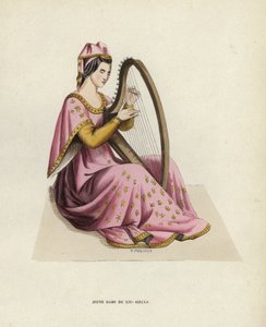Ung dam från 1300-talet (färgad gravyr) av European School