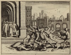 Dödandet av Hamor och Sikem av Simeon och Levi som hämnd för våldtäkten av deras syster Dina (gravyr) av European School