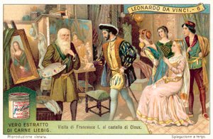 Kung Francis I av Frankrike besöker Leonardo da Vinci på Clos Luce (chromolitho) av European School