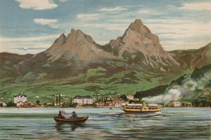 Vierwaldstättersjön: Brunnen (färg litho) av European School