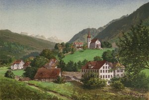 Vierwaldstättersjön: Burglen (färg litho) av European School