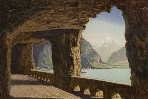 Luzernsjön: Axenstrasse (färglitografi) av European School