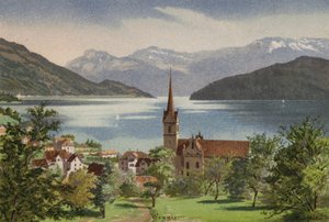 LUCERNE-sjön: Weggis (färglitografi) av European School