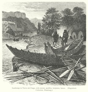 Landskap i Tierra del Fuego, med kanoter, paddlar, harpuner, lansar (gravyr) av European School