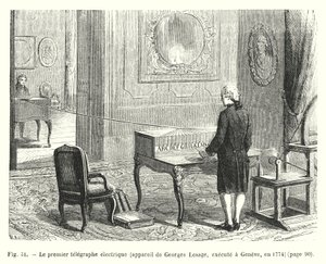 Den första elektriska telegrafen, enhet av Georges Lesage, avrättad i Genève, 1774 (gravyr) av European School
