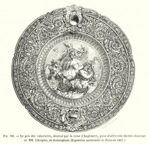 Priset för volontärer, tilldelat av drottningen av England, ett elektrokemiskt guldsmedsverk av MM Elkington, Birmingham, universell utställning i Paris 1867 (gravyr) av European School