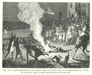 Saracenerna avfyrar grekisk eld mot trätornen och de verk som förbereddes av Saint Louis armé, för passage av en gren av Nilen (gravyr) av European School