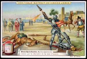 Liebig kromolitografi: Serie "Don Quijote", nr 6: Don Quijote besegrad av riddaren av silvermånen. av European School