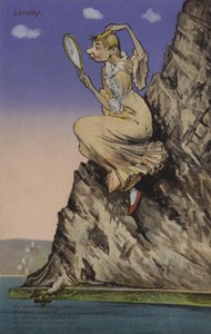 Lorelei, beundrar sig själv i en spegel (färg litho) av European School