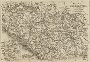 Karta över Hercegovina, Bosnien, Servia och Montenegro (gravyr) av European School