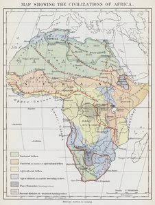 Karta över civilisationerna i Afrika (färglitografi) av European School