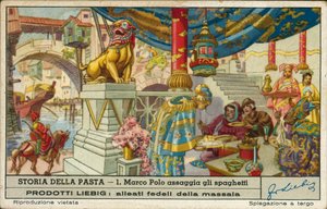 Marco Polo smakar på spaghetti i Kina (chromolitho) av European School