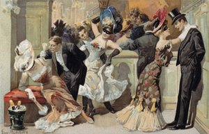 Maskeradbal, med män och kvinnor som dricker champagne (chromolitho) av European School
