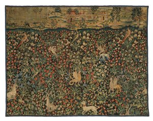 Mille fleurs gobelängfragment föreställande djur, fåglar och landskap, ca 1500 (ull) av European School