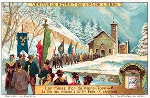 Gruvarbetare i Monte Rosas guldgruvor som firar festen för St Barbara, skyddshelgon för gruvarbetare (chromolitho) av European School