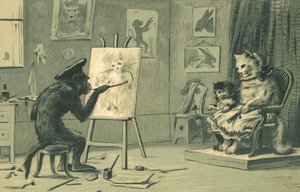 Apa som målar ett porträtt av en katt och en kattunge (lito) av European School
