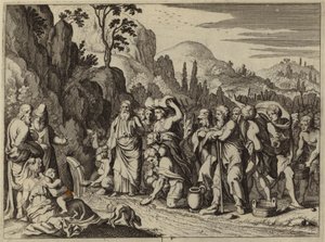 Moses slår på klippan med sin stav för att få fram vatten (gravyr) av European School