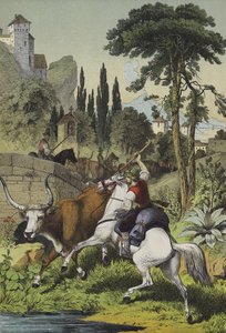 Beridna herdar i Italien som förföljer en stäpptjur i ett landskap med vilda kastanjer, kluster tall och italienska poppelträd (färg litho) av European School