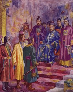 Niccolo, Maffaeo och Marco Polo möter Kublai Khan, 1900-talet (färglitografi) av European School