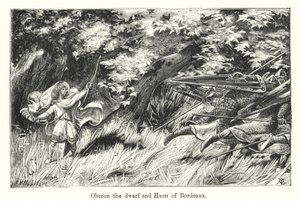 Dvärgen Oberon och Huon av Bordeaux (gravyr) av European School