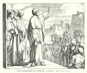 Paulus predikar i Antiokia, Apostlagärningarna, kap xvii, ver 22 (gravyr) av European School