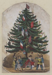 Människor under en julgran, hälsningskort (färg litho) av European School