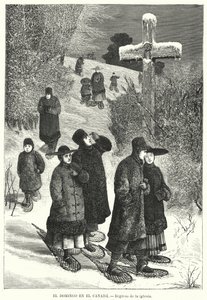 Människor som bär snöskor som återvänder från kyrkan på söndag, Kanada (litho) av European School
