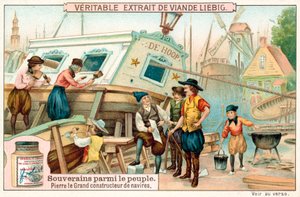 Peter den store arbetar som skeppsbyggare i Nederländerna (chromolitho) av European School