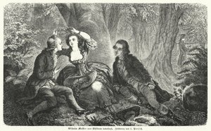 Philinen kröner Wilhelm Meister med en krans: scen ur Johann Wolfgang Goethes roman Wilhelm Meisters Lehrjahre (gravyr) av European School