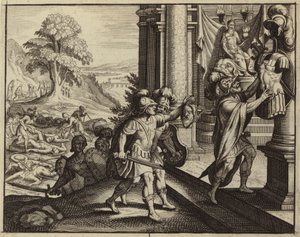 Filistéer sätter Sauls huvud i sin gud Dagons tempel (gravyr) av European School