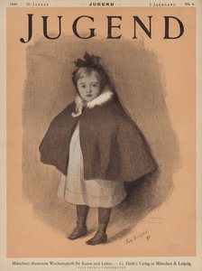 Porträtt av en liten flicka som bär en cape (färg litho) av European School