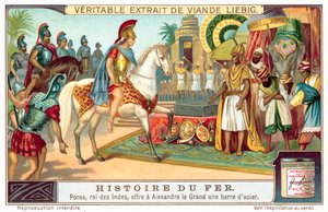 Porus, kung av Pauravas, erbjuder Alexander den store en stålstång (chromolitho) av European School