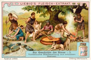Förhistorisk ölproduktion med uppvärmda stenar (chromolitho) av European School