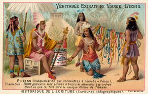 Quipus, kommunikationssystem med knutna strängar, Peru (chromolitho) av European School