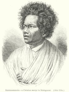 Rainitsontsoraka, en kristen martyr på Madagaskar (gravyr) av European School