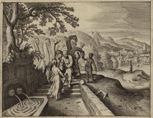 Rebecka ger vatten till Abrahams tjänare Eliezer och hans kameler (gravyr) av European School