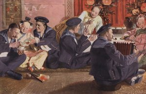 Sjömän i ett kinesiskt tehus (färglitografi) av European School