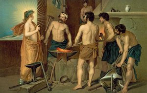 Helgonet framträder för smeder i en smedja (chromolitho) av European School