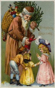 Jultomten ger julklappar och en julgran till barn (färglitografi) av European School