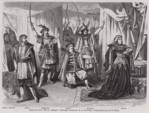 Scen från akt III av den tyske dramatikern Salomon Hermann Mosenthals historiska drama Maryna (gravyr) av European School