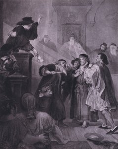 Scen ur Shakespeares The Merchant of Venice (akt IV, scen 1) (litho) av European School