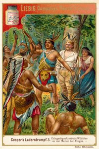Scen från The Deerslayer, av James Fenimore Cooper (chromolitho) av European School